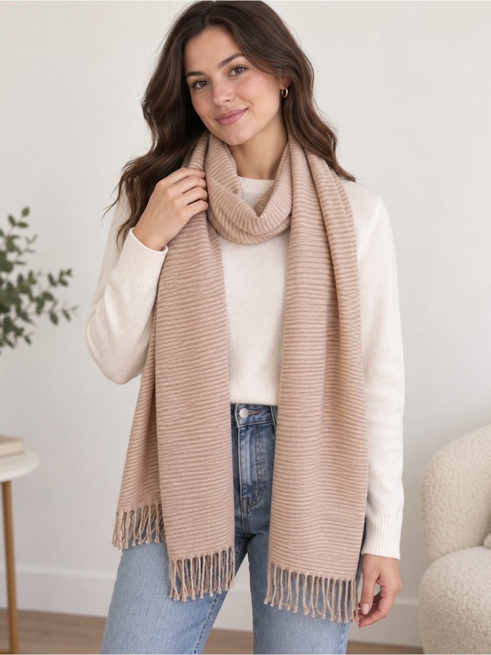 Vilanova Women’s Scarf Wrap Beige Taupe Ribbed Fringe 80% Polyester 20% Viscose